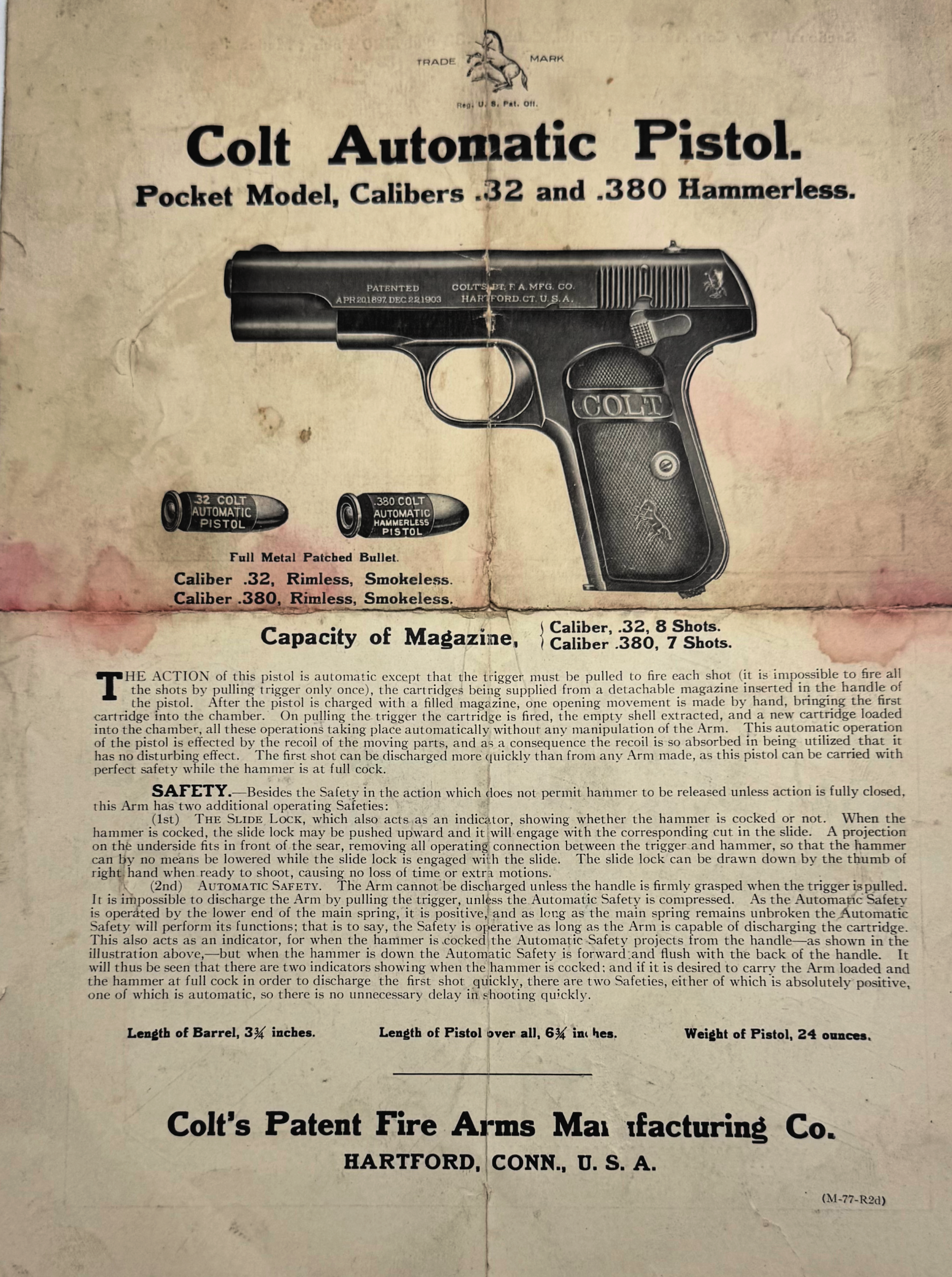 Colt Model 1908 Hammerless Pocket Pistol .380 Year Made: 1919