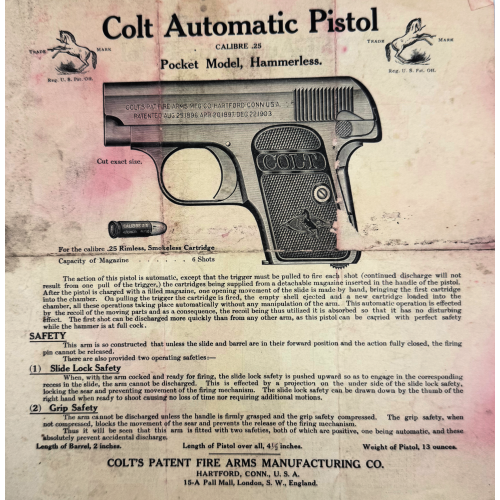 Commercial Colt Model 1908 Hammerless Vest Pocket Pistol .25 Year Made: 1920